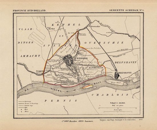 Historische kaart, plattegrond van gemeente Schiedam in Zuid Holland uit 1867 door Kuyper van Kaartcadeau.com
