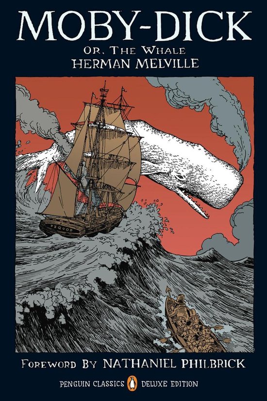 Moby-Dick, Herman Melville. Un navire, le Pequod, navigue sur des vagues déchaînées, tandis qu'une baleine et des harponneurs jaillissent de l'eau.