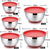 Ensemble de 5 saladiers en acier inoxydable, avec couvercle rouge et fond en silicone, multifonctions, empilables, lavables au lave-vaisselle, 6,6 l / 3,5 l / 2,5 l / 1,5 l / 1 l