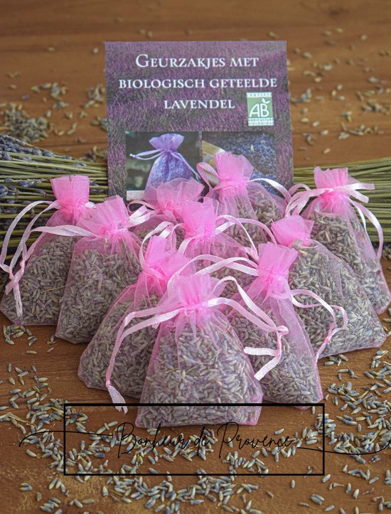 Bonheur de Provence - Geurzakjes lavendel - biologische lavendel uit de Provence - 10 roze zakjes - 6 gram per zakje