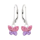 Oorbellen meisje | Oorbellen kind | Zilveren oorhangers, vlinder met paarse en roze kristallen