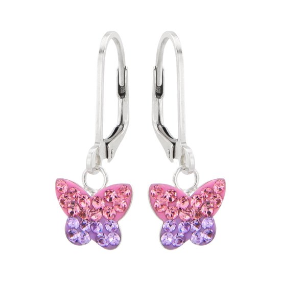 Oorbellen meisje | Oorbellen kind | Zilveren oorhangers, vlinder met paarse en roze kristallen