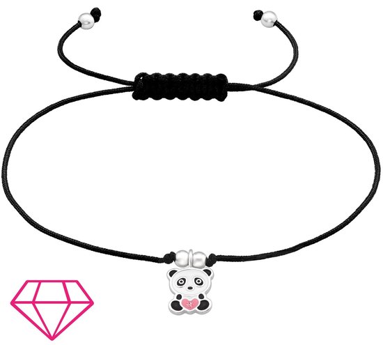 Joy|S - Zilveren panda bedel armband - panda met roze hartje sterling zilver 925 - roze kristal - zwart koord