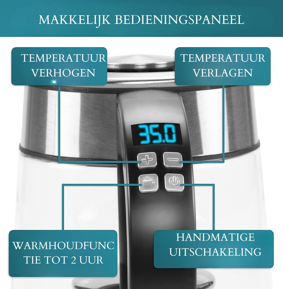 Tot 65% op Draadloze waterkoker glas en rvs, zelfsluitende vulopening