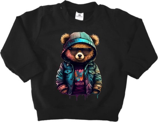 Sweater kind-Zwart-Stoere Sweater met coole beer-Maat
