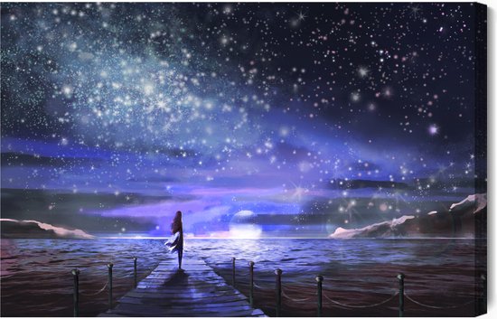 Schilderijkoning - Canvas Schilderij De Nacht Zee En De Sterren - 90 x