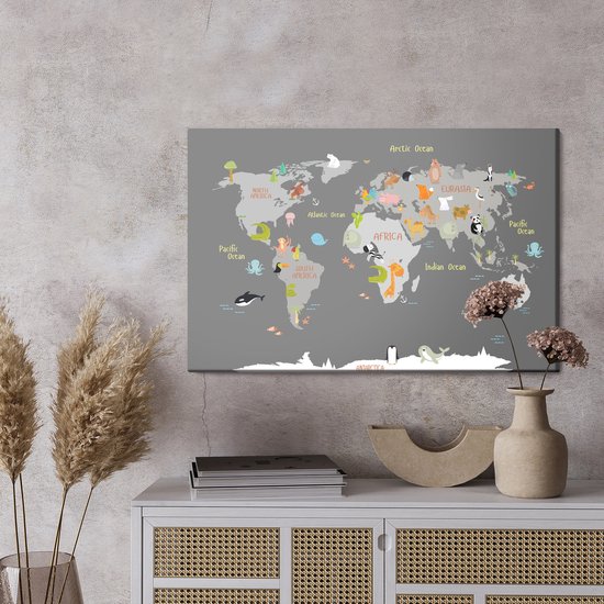 Runa Art Wereldkaart Schilderijen Huiskamer XXL Zilver Abstract Metaal 120 x 80 cm 3 Delen Muur Decoratie 107231b