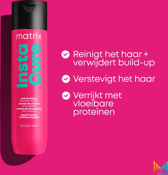Bouteille de shampooing Matrix Instacure. Nettoie, renforce les cheveux et enrichit en protéines liquides.