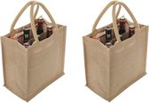 2x Sacs shopping / sacs de plage en jute pour 6 bouteilles 29 x 27 cm naturel - Sac à bouteille de vin - Sacs de transport avec poignées - Sac Trendy