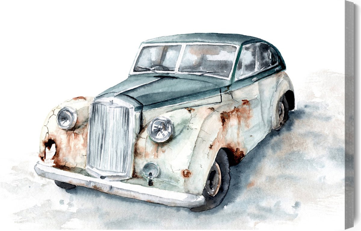 Schilderijkoning - Canvas Schilderij Oude Auto Beschilderd Met Waterverf - 40 x 30 cm