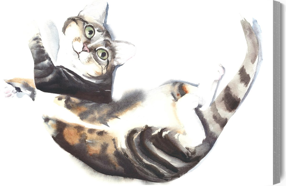 Schilderijkoning - Canvas Schilderij Kat Geschilderd Met Waterverf - 100 x 70 cm