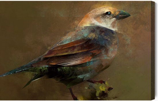 Schilderijkoning - Canvas Schilderij Vogel Zittend Op Een Tak - 90 x 60 cm