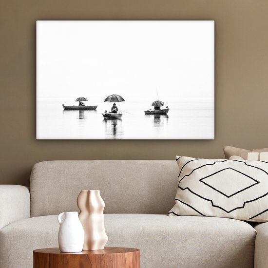 Peinture sur toile - Homme - Bateau - Pêche - Parapluie - Water - Peintures sur toile - 60x40 cm - Photo sur toile - Canvasdoek