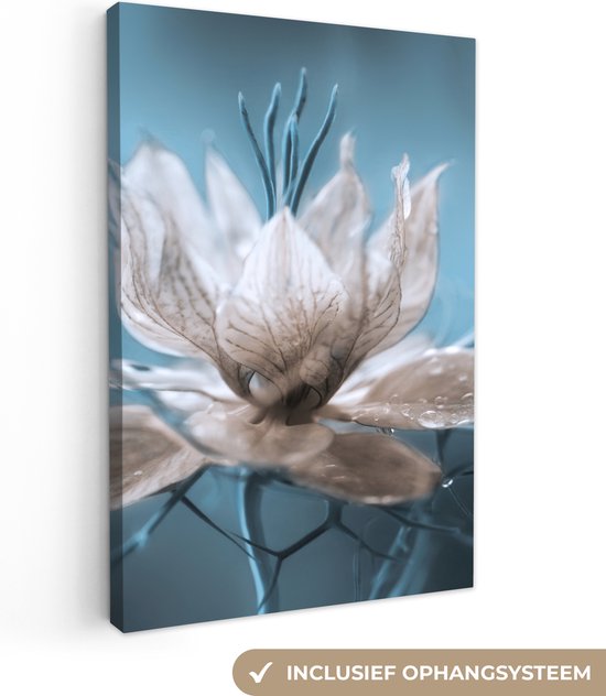 Canvas schilderij - Foto op doek - Bloemen - Blauw - Wit - Planten - Wanddecoratie - 60x90 cm - Canvas doek
