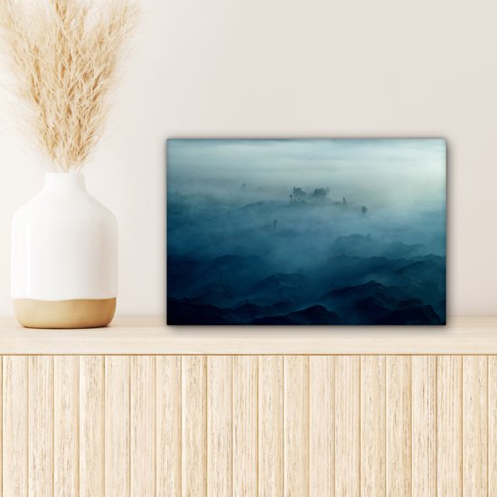 Peinture sur toile - Brume - Arbres - Berg - Blauw - Canvasdoek - Photo sur toile - 30x20 cm - Peintures sur toile