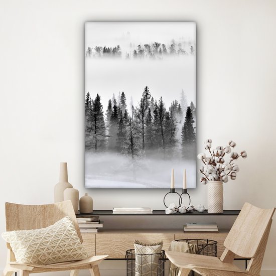 Peinture sur toile - Arbres - Brouillard - Forêt - Nature - Canvasdoek - 80x120 cm - Photo sur toile - Peinture nature
