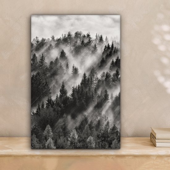 Peinture sur toile - Arbres - Brouillard - Forêt - Paysage - Peintures sur toile - 20x30 cm - Photo sur toile - Canvasdoek