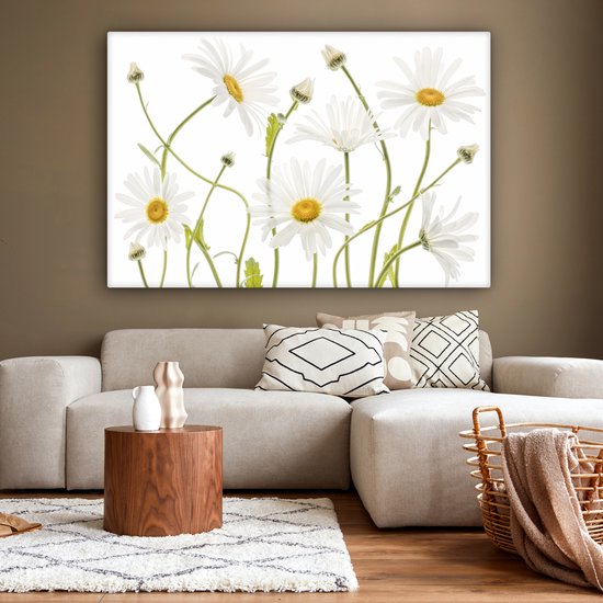 Peinture sur toile - Canvasdoek - Fleurs - Marguerite - Wit - Jaune - Plantes - Décoration murale - 150x100 cm - Photo sur toile
