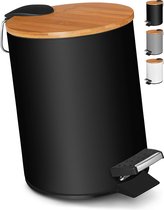 Boîte cosmétique 3L au design noir élégant/poubelle à pédale avec fermeture soft /poubelle élégante pour la salle de bain avec poubelle intérieure et couvercle en bois de bambou