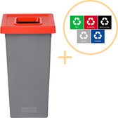 Plafor Fit Bin, Prullenbak voor afvalscheiding - 75L – Grijs/Rood - Inclusief 5-delige Stickerset - Afvalbak voor gemakkelijk Afval Scheiden en Recycling - Afvalemmer - Vuilnisbak voor Huishouden, Keuken en Kantoor - Afvalbakken - Recyclen