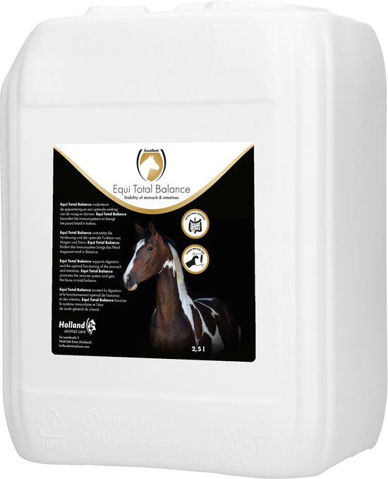 Grote witte jerrycan met een label waarop de tekst "Equi Total Balance" en een paard staat.