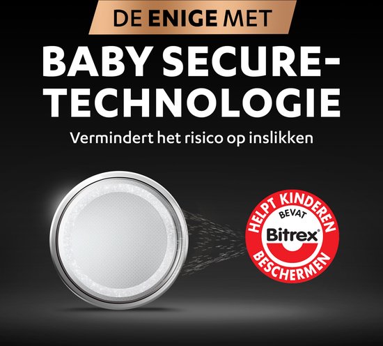 Duracell knoopcelbatterij met 'Baby Secure Technologie' en symbool dat bescherming voor kinderen aangeeft.