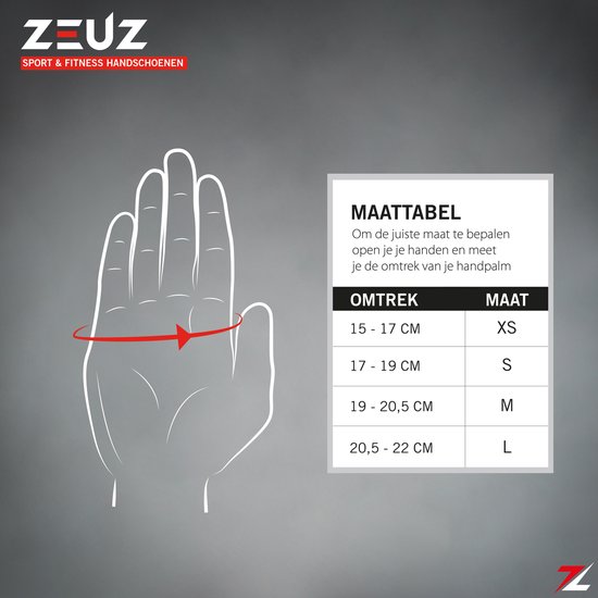 Maattabel voor sport- en fitnesshandschoenen: omtrek 15-17 cm is XS, 17-19 cm is S, 19-20,5 cm is M, 20,5-22 cm is L.