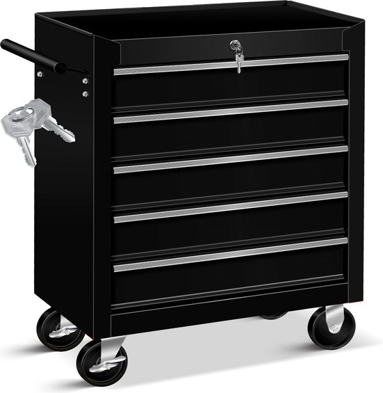Chariot à outils noir à 5 tiroirs, poignées argentées, une clé argentée et des roulettes.