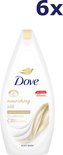 Dove Nourishing Silk body wash, 6x, 450ml. Witte fles met gouden accents en een afbeelding van zijde.