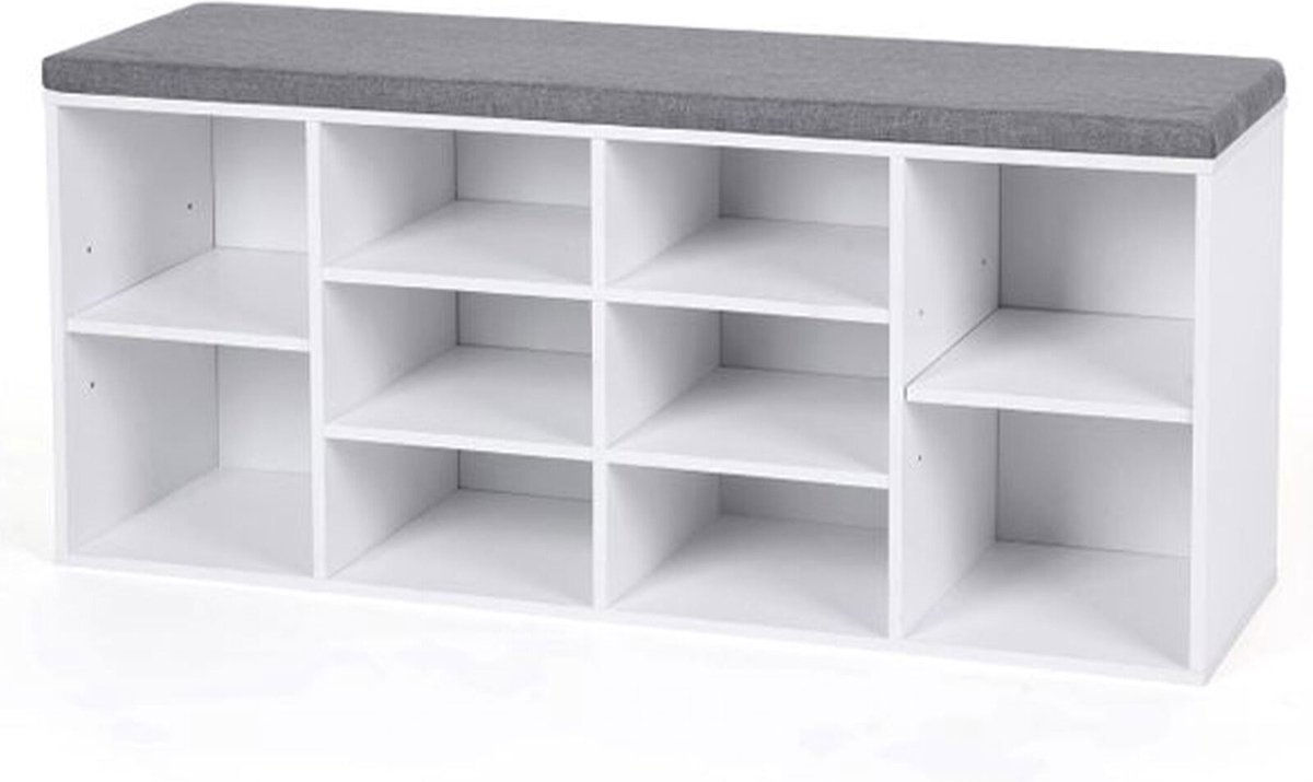 FurnStar Schoenenbank Met Kussen - Opbergbank Met Gevoerde Zitting - Halbank Met 10 Compartimenten - Voor Slaapkamer - 104x30x48 cm - Wolkenwit En Duifgrijs