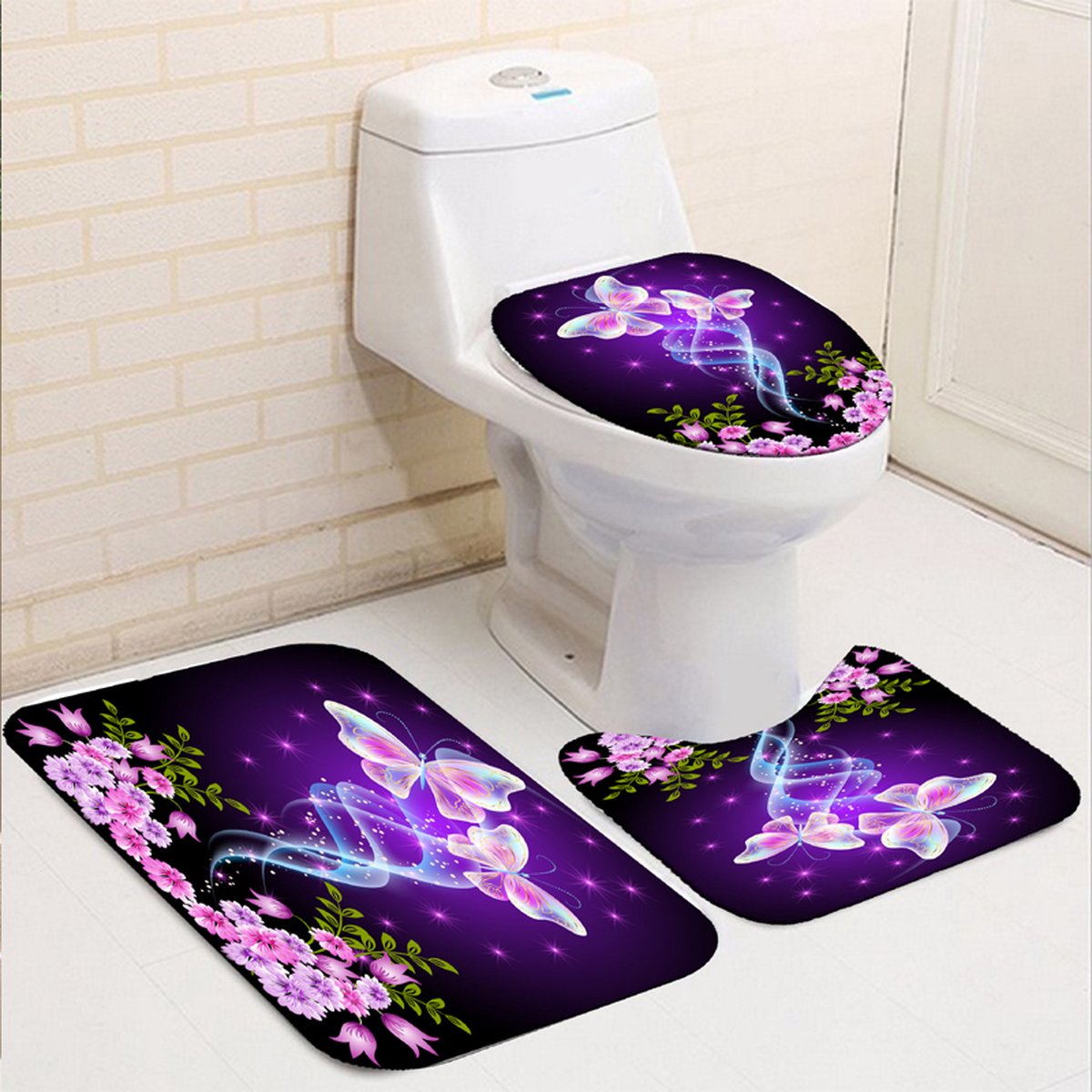 Transformeer je Badkamer met Onze Luxe 4-delige Badkamerset + Waterdicht Douchegordijn 180 x 180 cm - paarse vlinders