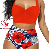Push up bikini set Red Flowers - Hoge taille - Sexy look - Zwemkleding vrouwen - Bloemenprint - Zeer goede kwaliteit - Rood - oranje - Blauw