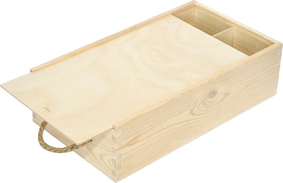 Houten kist met deksel en touwgrepen, deels geopend.