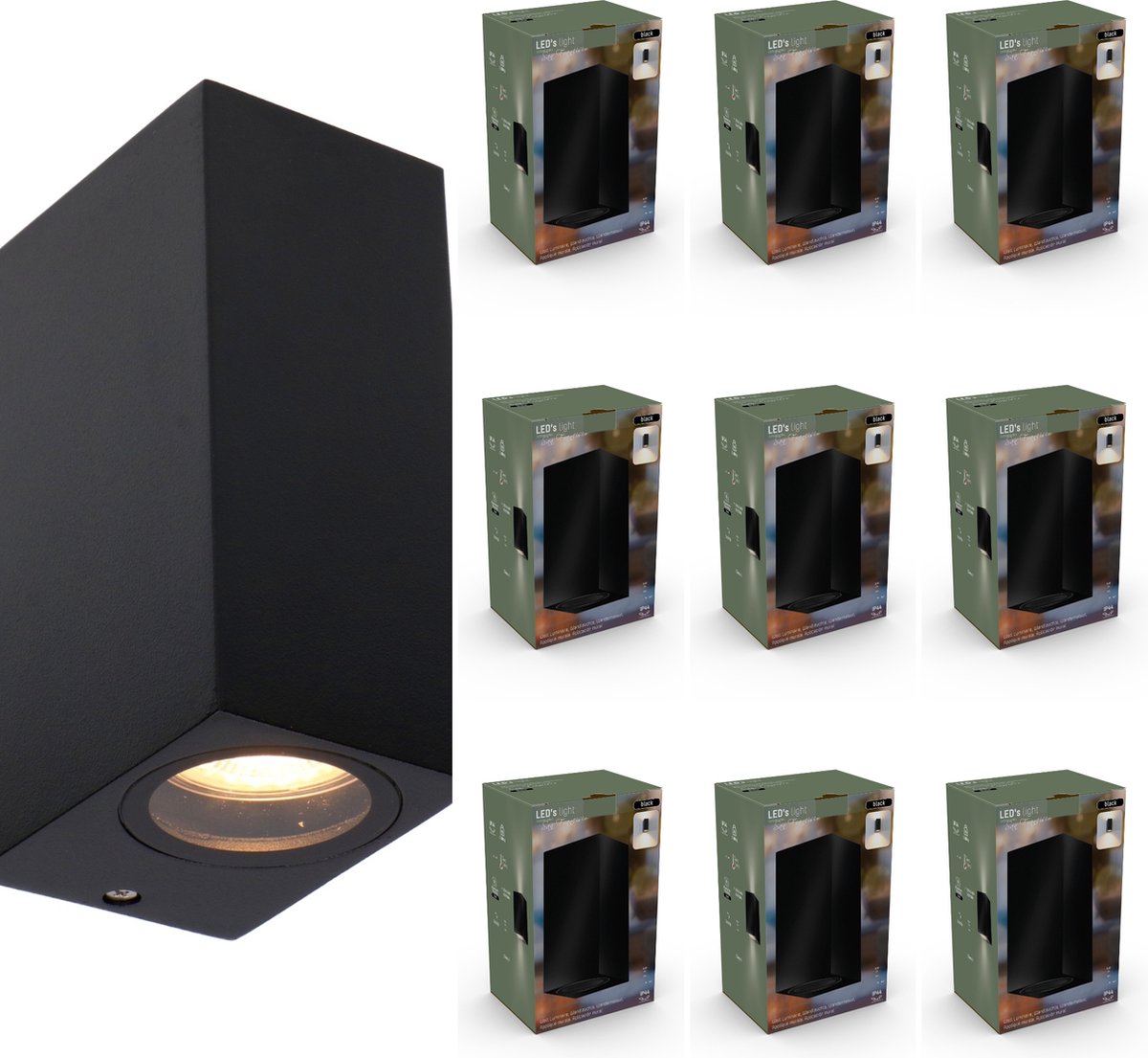 WallDeco LED Wandlamp vierkant Zwart - Schijnt naar boven en beneden - Voor binnen & buiten - 10 stuks