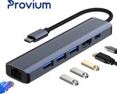 USB-C Hub - 6 in 1 - Ethernet - HDMI - USB 3.0 3x - USB-C adapter splitter docking station - Grijs - Provium