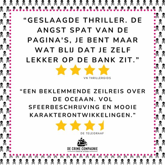 Uittreksel van een thriller met skulls en kruisbeenderen, met citaten en sterrenbeoordelingen.