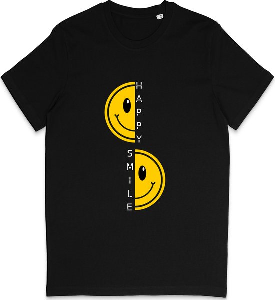 Heren Dames T Shirt - Happy Smiley - Zwart - Maat XS