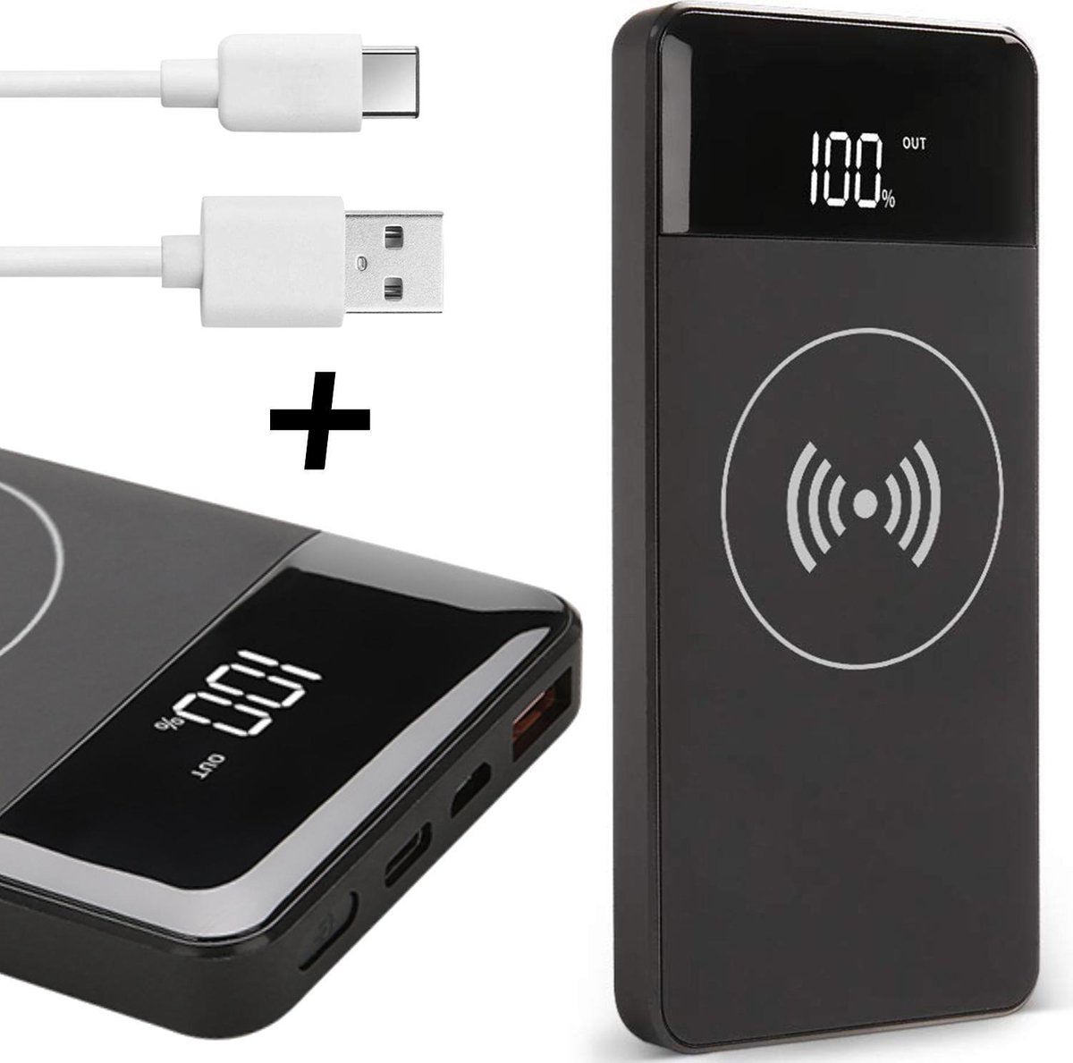 Powerbank Draadloos Oplader 10000 mAh + USB C Kabel - Universeel voor Telefoon / Tablet / Smartphone / GSM