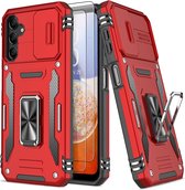 Podec Hoesje Geschikt voor Samsung Galaxy A14 Rood Telefoonhoesje - Anti-Shock Case Cover Hybrid Armor Hoes met Kickstand Ring met Screenprotector