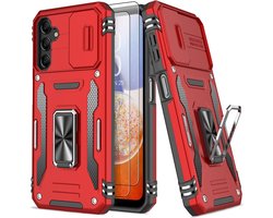 Podec Hoesje Geschikt voor Samsung Galaxy A14 Rood Telefoonhoesje - Anti-Shock Case Cover Hybrid Armor Hoes met Kickstand Ring met Screenprotector