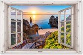 Tuinposter doorkijk raam - Tuindecoratie strand en zee - 90x60 cm - Tuinschilderij voor buiten zonsondergang - Tuindoek - Wanddecoratie tuin - Schuttingdoek - Balkon decoratie - Muurdecoratie - Buitenposter