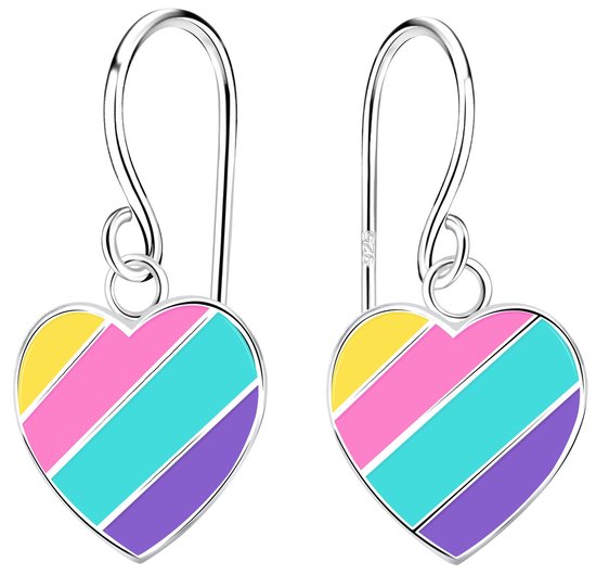 Joy|S - Zilveren hartje bedel oorbellen - multicolor strepen - oorhangers