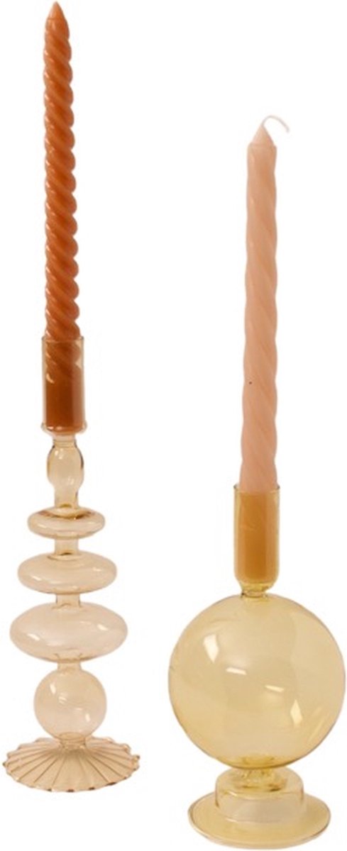 WINQ - Set van 2 stuks oker kleurige Glaskandelaren - geschikt voor dinerkaars- Interieur Set .