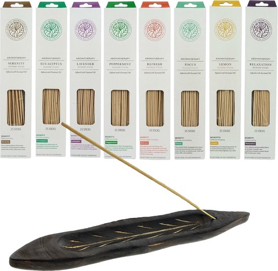 Assortiment 200 stuks etherische incense wierookstokjes 8 heerlijke geuren - 8 x 25 stuks - incl. handgemaakte wierookhouder