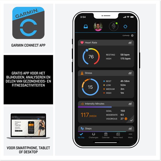 Garmin Connect app-logo en screenshots van de app op smartphone en desktop, met tekst over de gratis app.