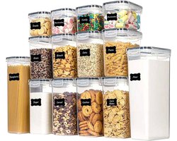 foto van LW Collection voorraadpotten set van 14 met pen en stickers zwarte deksel - Voorraadpotjes luchtdicht - voorraadbussen - snoep pot - organize potten - opbergpotten - keukenpotten - food container - luxe - complete set 14 stuks