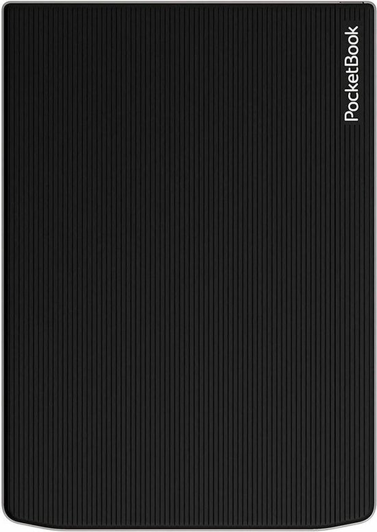 Zwarte PocketBook InkPad 4 e-reader met gestreept reliëf op de achterkant.