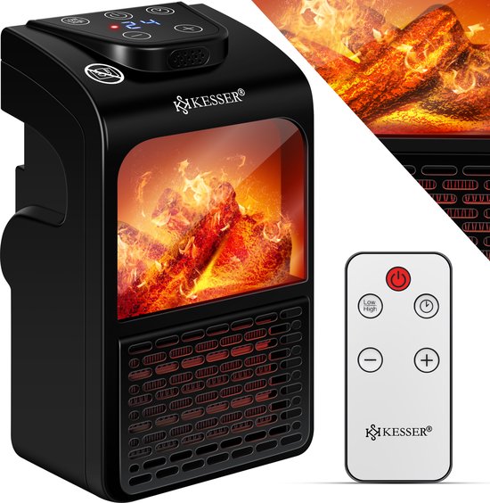KESSER® Plug-in Ventilatorkachel Energiebesparende Mini met Openhaard Effect Afstandsbediening LCD Display Keramische Kachel met Thermostaat 400W - Temperatuurregeling Timer Kantoor Badkamer Slaapkamer - Zwart