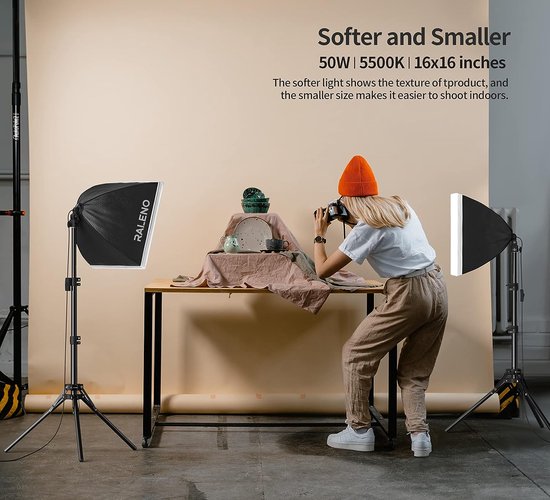 RALENO Softboxen, 2 x 50 W LED Softbox Fotostudio Set, 2 x 50 x 50 cm Fotolamp met 5500 K Lamp en Statief voor Portretfotografie, Game Streaming, YouTube Video Fotografie