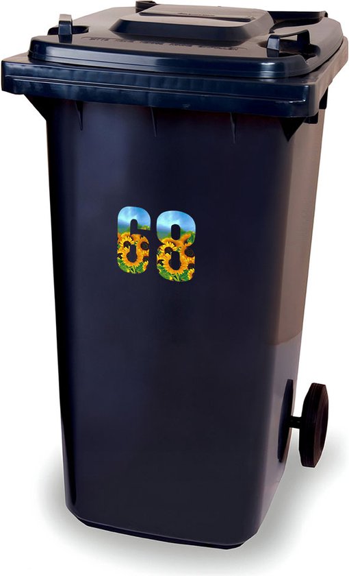 Een zwarte kliko met de huisnummers 68 in zonnebloemmotief.